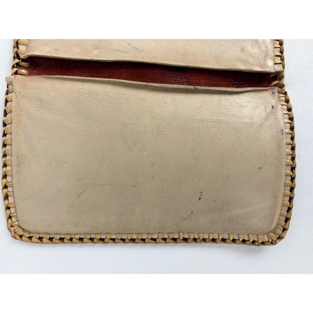 Vintage‎ Handmade Red Leather Whipstitch Bifold Wallet Card Holder Western Boho